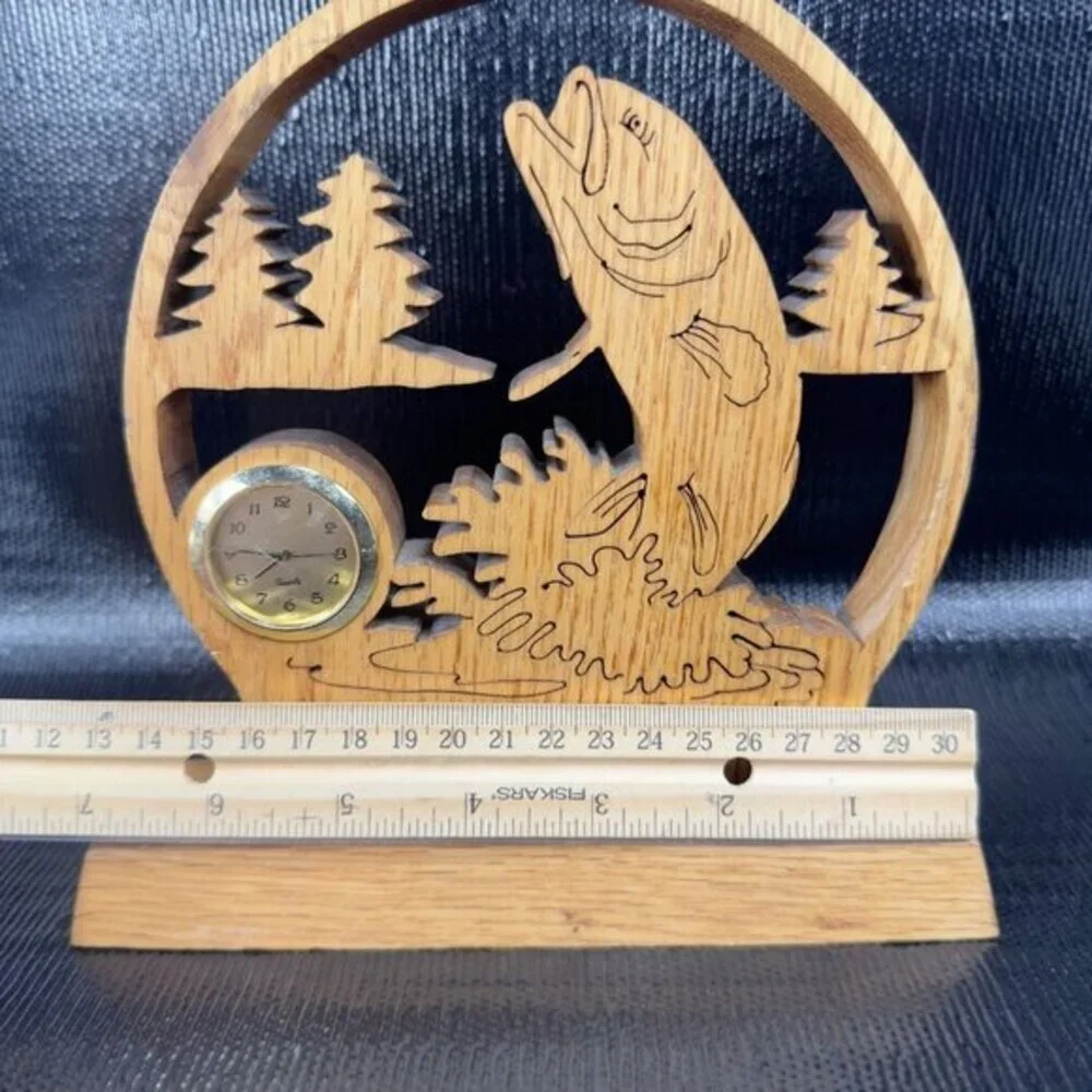 Hand Made Folk‎ Art Wooden Desk Shelf Clock Fish Hand Carved Signed F Erickson